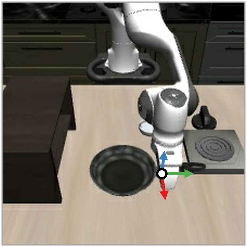 put the frying pan on the cabinet shelf (frame 0100)
